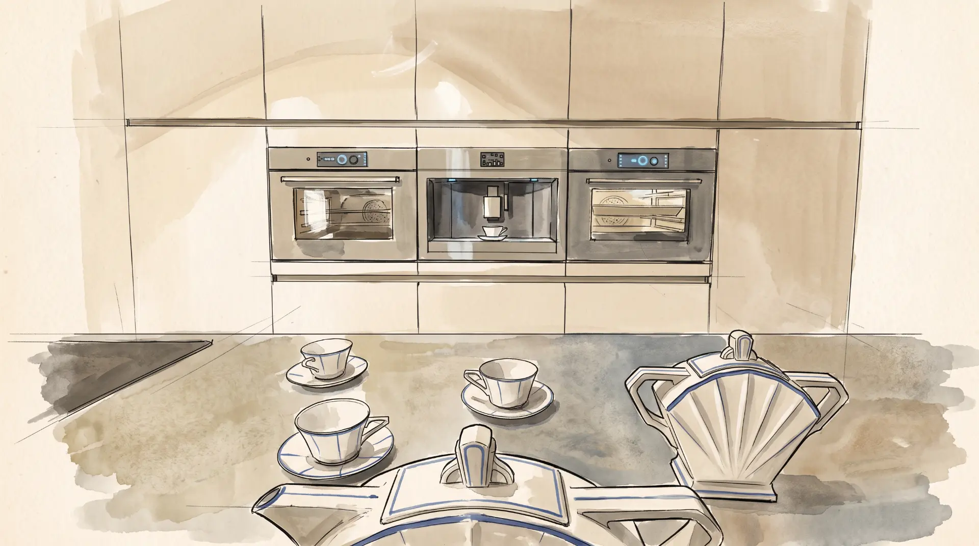 Ontwerpschets van een keuken met strakke kasten, ingebouwde oven, koffieapparaat en een eiland met servies