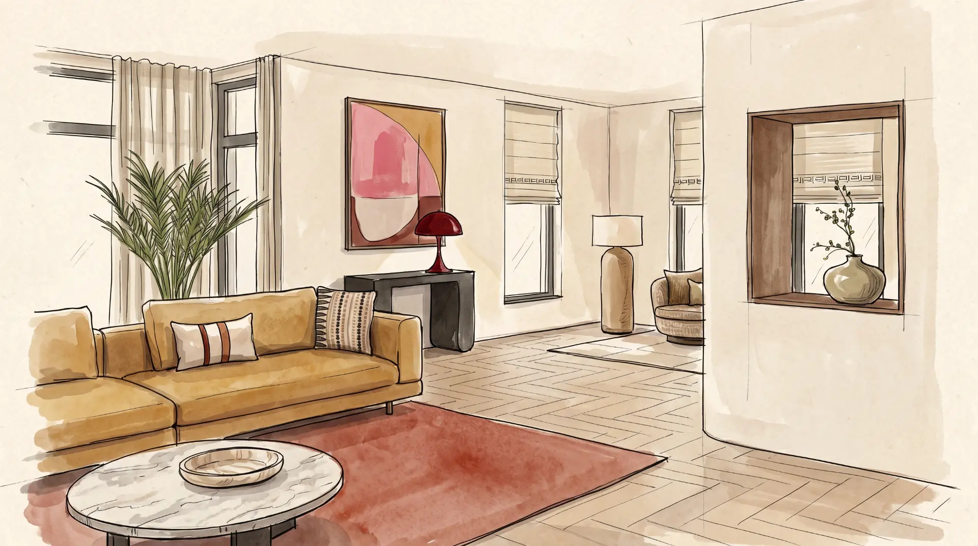 Ontwerp woonkamer met roze accent
