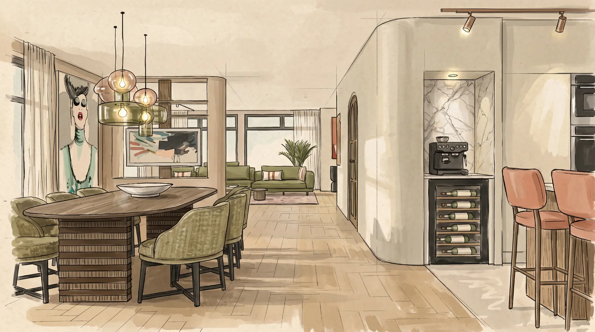 Schets van Farmhouse DNA: eethoek met groene stoelen, glazen hanglampen en een ronde keukenwand