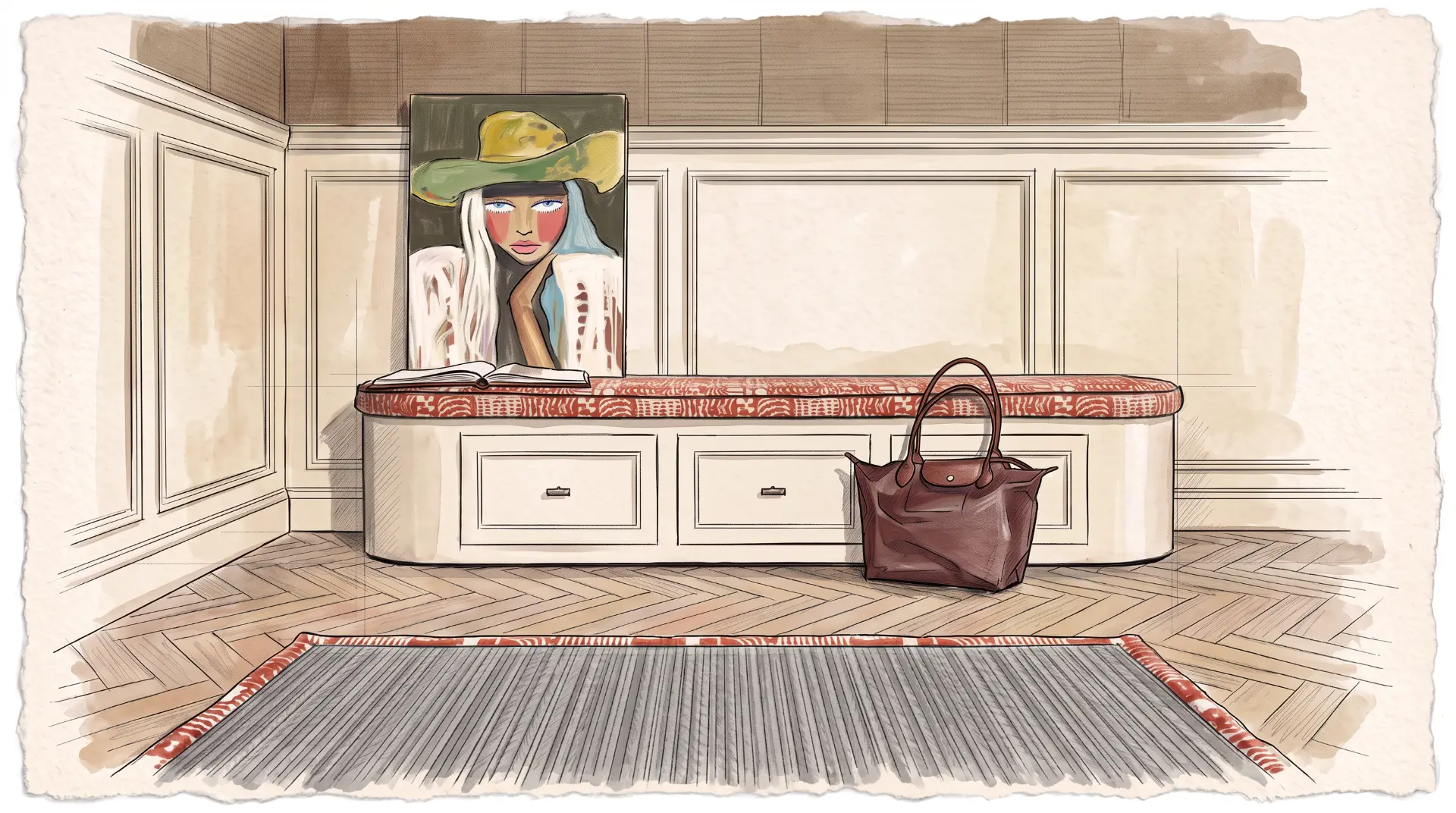 Ontwerpschets bank met print en tapijt