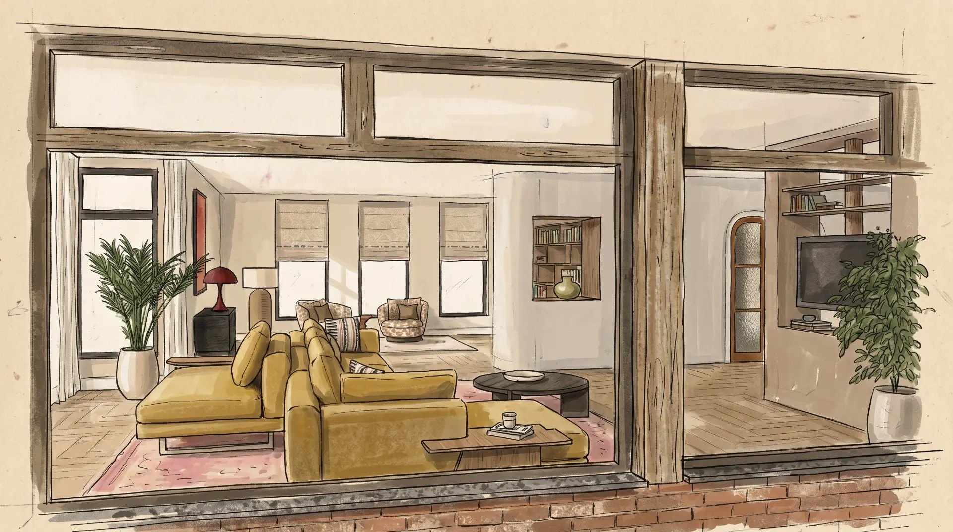 Ontwerp woonkamer met okergele bank